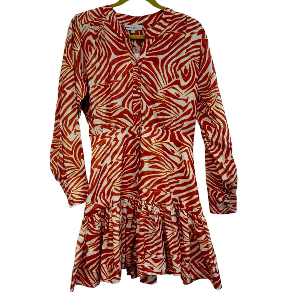 Karina Grimaldi Dress Linen Zuli Sand Stone Zebra Ruffle Long Sleeve Small New